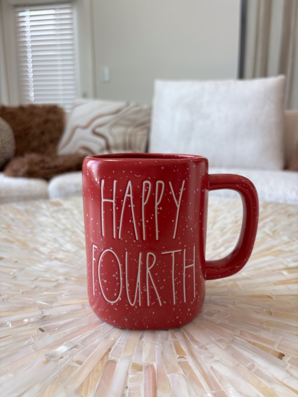Rae Dunn Red Speckled "HAPPY FOURTH" Ceramic Mug